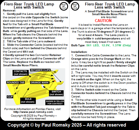 Fiero Rear Trunk LED Lamp Assembly Placard